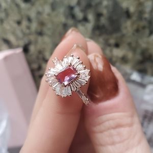 Rose gold, lab created amethyst, rectangular, size 5, sparkle, white stones